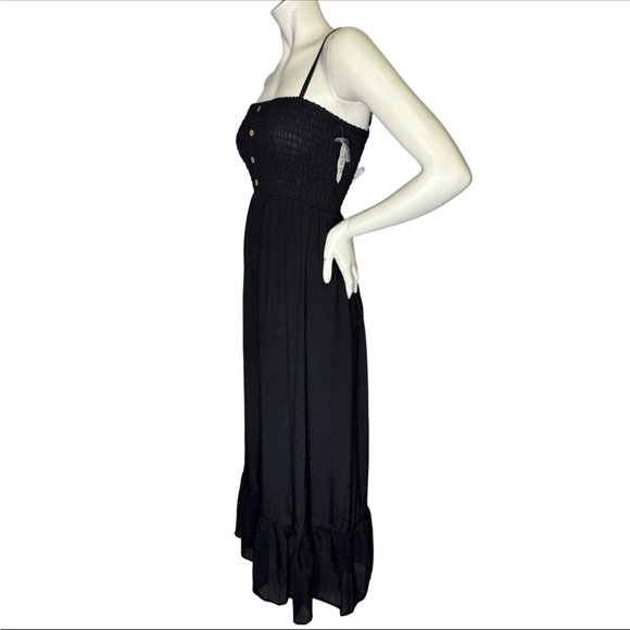 AUW SMOCKED BODICE BLACK FLARE HEM MAXI DRESS BOHO CHIC LARGE - Picture 4 of 15